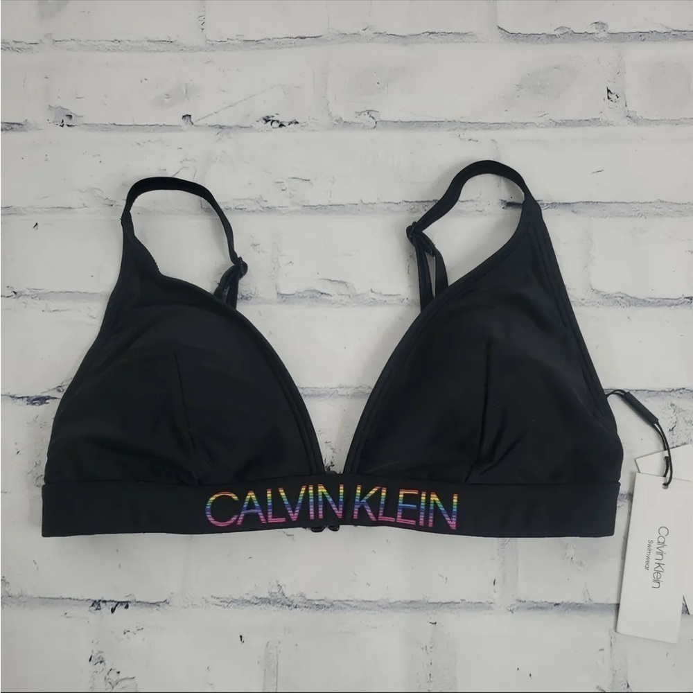 Calvin Klein Swimwear Bikini Top Black Rainbow Logo Band Removable Cup New